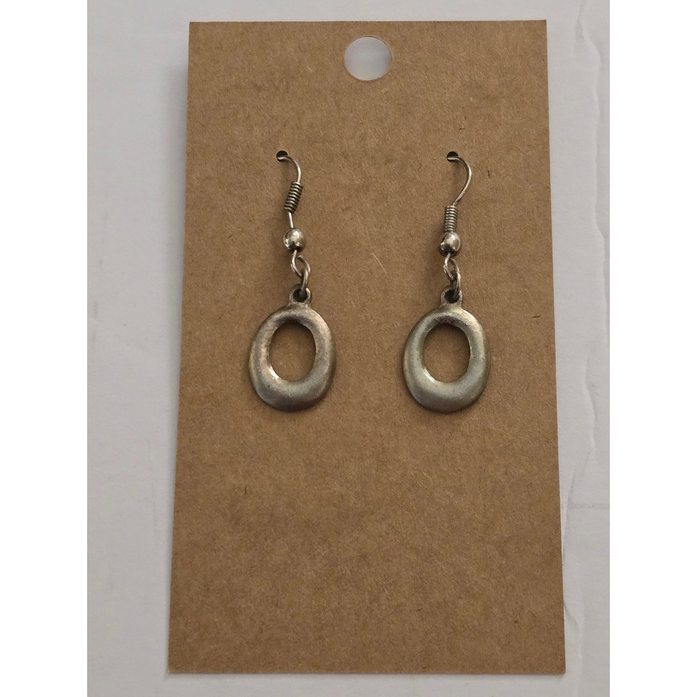 Vintage style Patina Silvertone Open Oval Drop Earrings Geometric Dangle Hooks